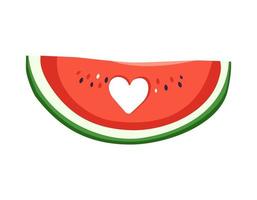 Slice of red juicy watermelon with seeds, half of fruit with carved heart shape in middle. Summer sweetness, juicy food. vector flat illustration