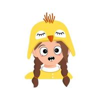 Girl with big eyes and emotions panic, surprised face, shocked eyes in yellow chicken hat. Head of child with scared expression for Easter, New Year or costume for party. Vector flat illustration