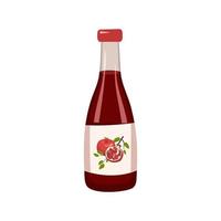 Bottle with red pomegranate juice, whole fruit with leaves. Delicious healthy drink and product. Food vector flat illustration