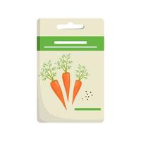 Pack of carrot seeds for planting in garden and harvesting. Useful vegetable for proper nutrition. Sweet food for diet. Vector flat illustration