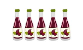 botella con jugo de remolacha roja, verduras enteras con hojas y media. deliciosa bebida saludable y producto. ilustración plana de vector de comida