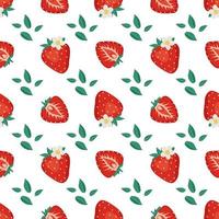 Seamless pattern with red strawberries, leaves and flowers. Cute summer or spring print. with berries Festive decoration for textiles, wrapping paper and design. Vector flat illustration
