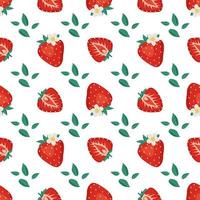 Seamless pattern with red strawberries, leaves and flowers. Cute summer or spring print. with berries Festive decoration for textiles, wrapping paper and design. Vector flat illustration