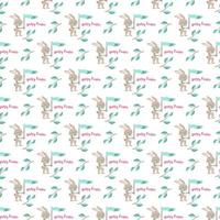 Happy Easter seamless pattern. Festive decoration print with rabbit and green twig and leaves on white background. Elements for wrapping paper, textiles and decor. Vector flat illustration