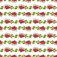 Seamless pattern with part of red pomegranate and leaves. Healthy bright fruits print on white background. Sweet food for diet. Vector flat illustration