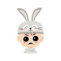 Boy with big eyes and angry emotions, grumpy face, furious eyes in rabbit hat with long ears. Child with furious expression for Easter, New Year or carnival costume for party. Vector flat illustration