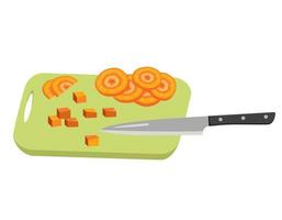 Orange carrot slices and cubes cut with knife on board. Healthy vegetables and delicious food for salad, cooking. Vector flat illustration