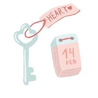 Vintage key and 14 february date calendar on white background vector