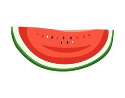 Slice of red juicy watermelon with seeds, cut off half of fruit. Summer sweetness, juicy food. Vector flat illustration