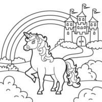 Cute unicorn. Magic fairy horse. Landscape with a beautiful castle. Coloring book page for kids. Cartoon style. Vector illustration isolated on white background.