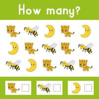 Counting game for children. Happy characters. Learning mathematics. How many object in the picture. Education worksheet. With space for answers. Isolated vector illustration in cute cartoon style.