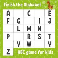 Finish the alphabet. ABC game for kids. Education developing worksheet. Learning game for kids. Color activity page. vector