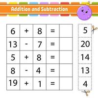 Addition and subtraction. Task for kids. Cut and paste. Education developing worksheet. Activity page. Game for children. Funny character. Isolated vector illustration. cartoon style.