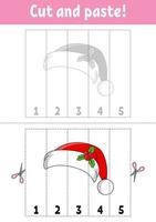 Learning numbers 1-5. Cut and glue. cartoon character. Education developing worksheet. Christmas theme. Game for kids. Activity page. Color isolated vector illustration.