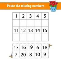 Paste the missing numbers 1-20. Game for children. Handwriting practice. Learning numbers for kids. Education developing worksheet. Activity page. Isolated vector illustration in cute cartoon style.