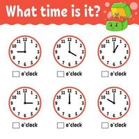 Learning time on the clock. Educational activity worksheet for kids and toddlers. Game for children. Simple flat isolated color vector illustration in cute cartoon style.