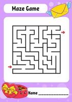 Square maze. Game for kids. Funny labyrinth. Education developing worksheet. Activity page. Puzzle for children. Valentine's Day. Riddle for preschool. Logical conundrum. Color vector illustration.