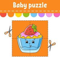 Baby puzzle. Easy level. Flash cards. Cut and play. Color activity worksheet. Game for children. Cartoon character. vector