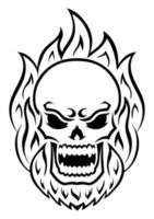 Angry skull with fire. Outline silhouette. Design element. Vector illustration isolated on white background. Template for books, stickers, posters, cards, clothes.