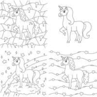 Magic fairy unicorn. Cute horse. Coloring book page for kids. Unusual pattern. Cartoon style. Vector illustration isolated on white background.
