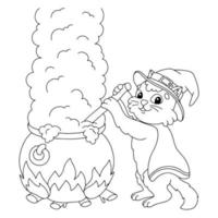 The cat is brewing a potion in a large cauldron. Coloring book page for kids. Cartoon style character. Vector illustration isolated on white background.