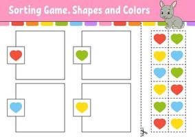 Sorting game. Shapes and colors. Cut and glue. Education developing worksheet. Game for kids. Color activity page. Puzzle for children. Cute character. Vector illustration. cartoon style.