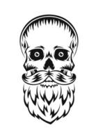 Human skull with beard and mustache. Black silhouette. Design element. Hand drawn sketch. Vintage style. Vector illustration.