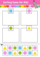 Sorting game for kids. Cut and glue. Education developing worksheet. Matching game for kids. Color activity page. Puzzle for children. Cute character. Vector illustration. cartoon style.