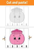 Learning numbers 1-5. Cut and glue. Cartoon character. Education developing worksheet. Game for kids. Activity page. Color isolated vector illustration.