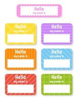 Hello name badge. Bright stickers. Rectangular label. Color vector isolated illustration.