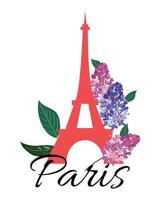 Eiffel Tower with lilac flowers on white background. vector