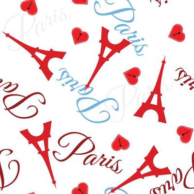 Eiffel tower on white background. Seamless pattern with Eiffel tower and word Paris. For textile, wrapping paper, packaging.