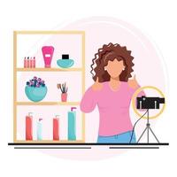 Beauty blogger. Young woman recording a video about cosmetics for her followers. Woman showing and recommending beauty products. vector