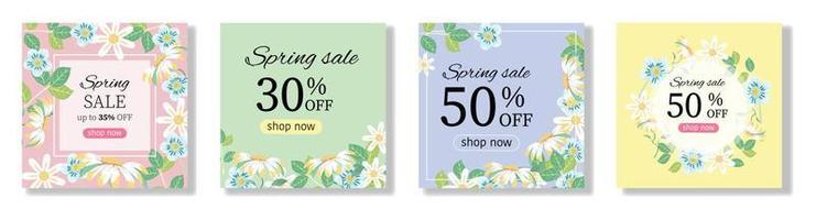 Spring templates for advertisements, banners, cards. Floral square templates in pastel colours. Vector templates.