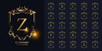 Letter Z or collection initial alphabet with luxury ornament floral frame golden logo template. vector