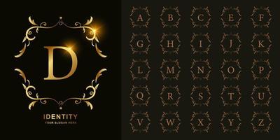 Letter D or collection initial alphabet with luxury ornament floral frame golden logo template. vector