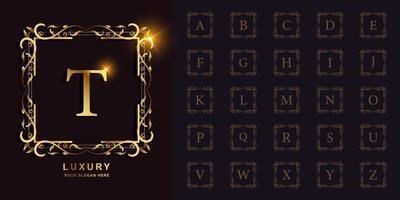 letra t o alfabeto inicial de colección con plantilla de logotipo dorado de marco floral de adorno de lujo. vector