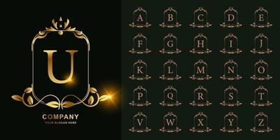 Letter U or collection initial alphabet with luxury ornament floral frame golden logo template. vector