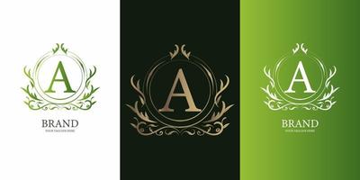 Letter A initial alphabet with luxury ornament floral frame golden logo template. vector