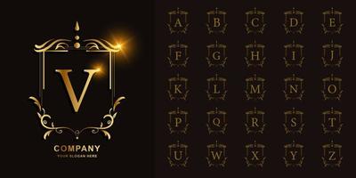 Letter V or collection initial alphabet with luxury ornament floral frame golden logo template. vector