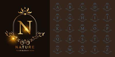 Letter N or collection initial alphabet with luxury ornament floral frame golden logo template. vector