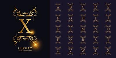 letra x o alfabeto inicial de colección con plantilla de logotipo dorado de marco floral de adorno de lujo. vector