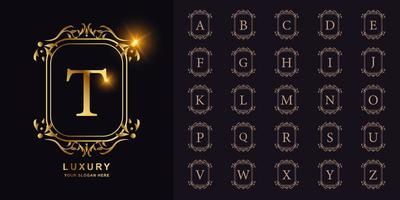 Letter T or collection initial alphabet with luxury ornament floral frame golden logo template. vector