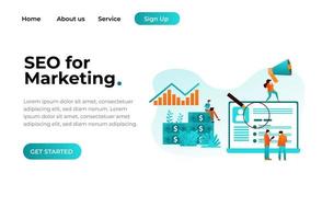 seo y banner de marketing de contenido con carácter. puede usarse para banner web, infografías, imágenes de héroes. ilustración vectorial isométrica plana aislada sobre fondo blanco. vector