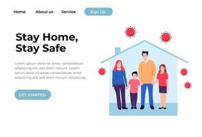 Stay home concept. Family wearing face masks at home in quarantine, landing page or banner template. Coronavirus outbreak concept. Vector illustration in flat style