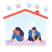 Depressed man and woman in house with corona virus around. People tired of quarantine. Vector about distress, depression, and tiredness in home isolation in covid-19 epidemic