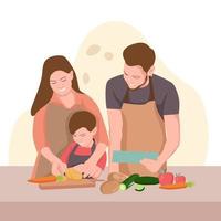 una familia alegre se queda en casa y cocina juntos en la cocina. vector