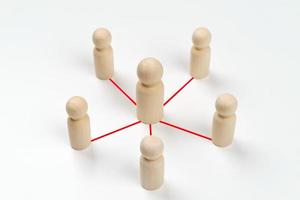 las muñecas de madera están conectadas entre sí con líneas rojas sobre fondo blanco. trabajo en equipo, liderazgo, negocios, concepto de gestión de recursos humanos foto
