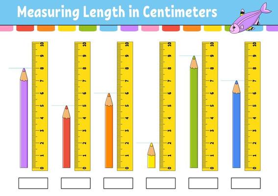 Measuring length in centimeter with ruler. Education developing worksheet. Game for kids. Color activity page. Puzzle for children. Cute character. Vector illustration. cartoon style.