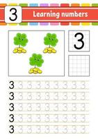 Trace and write numbers. Handwriting practice. Learning numbers for kids. Education developing worksheet. St. Patrick's day. Activity page. Isolated vector illustration in cute cartoon style.